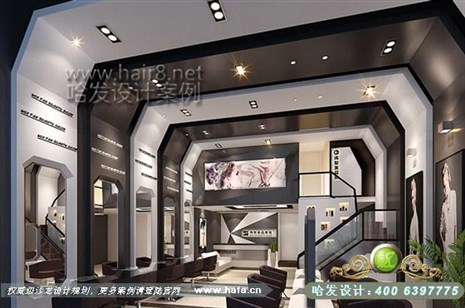 上海市本案大厅似飞碟形状的吊顶装饰，蓝色主调的点缀，有没有穿越几个世界去往未来的感觉！理发店装修案例