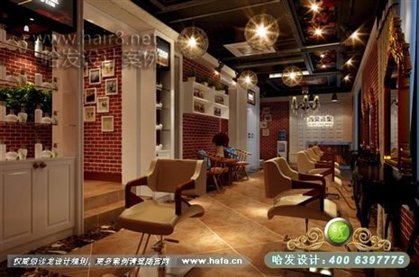 上海省上海市本案采用大面积红墙砖与木纹的配合，营造怀旧复古的风格理发店装修案例