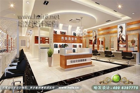 山东省济南市本案的设计风格大面积采用木饰面，体现空间的舒适感理发店装修案例
