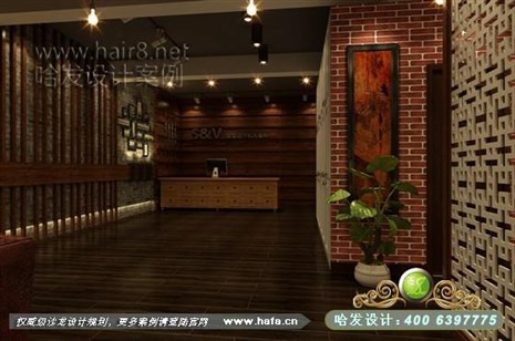 浙江省桐乡市本案采用大面积木纹与红砖墙的配合，营造怀旧复古的风格美发店装修设计案例