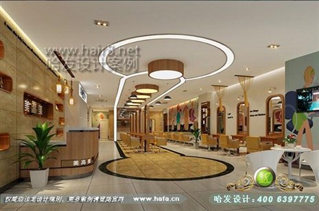 贵州省毕节市本案大厅木材具有一种特有的温度，对低调奢华的表现非常完美。美发店装修设计案例